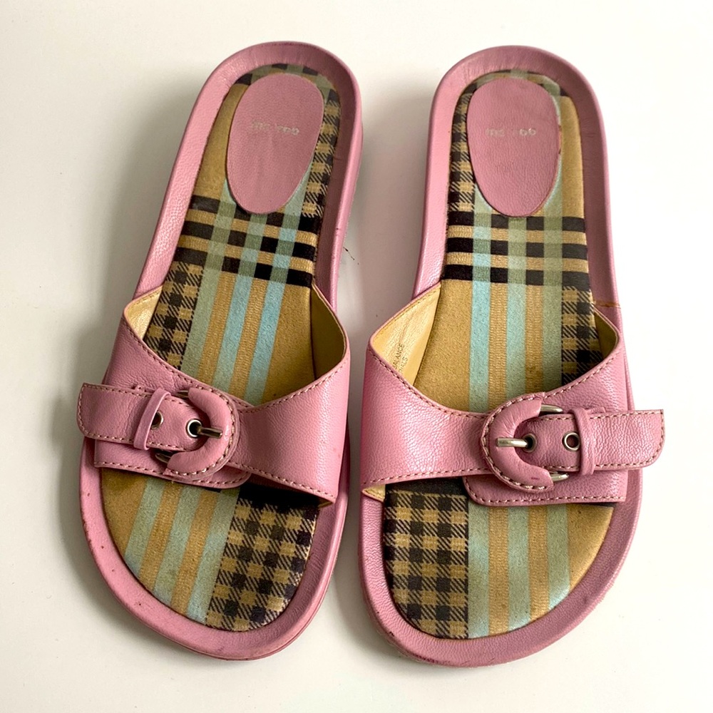 Me Too Pink Leather Plaid Slides Flats
